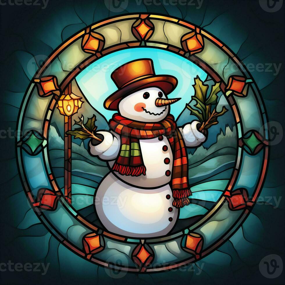 Cute snowman postcard in stained glass style photo