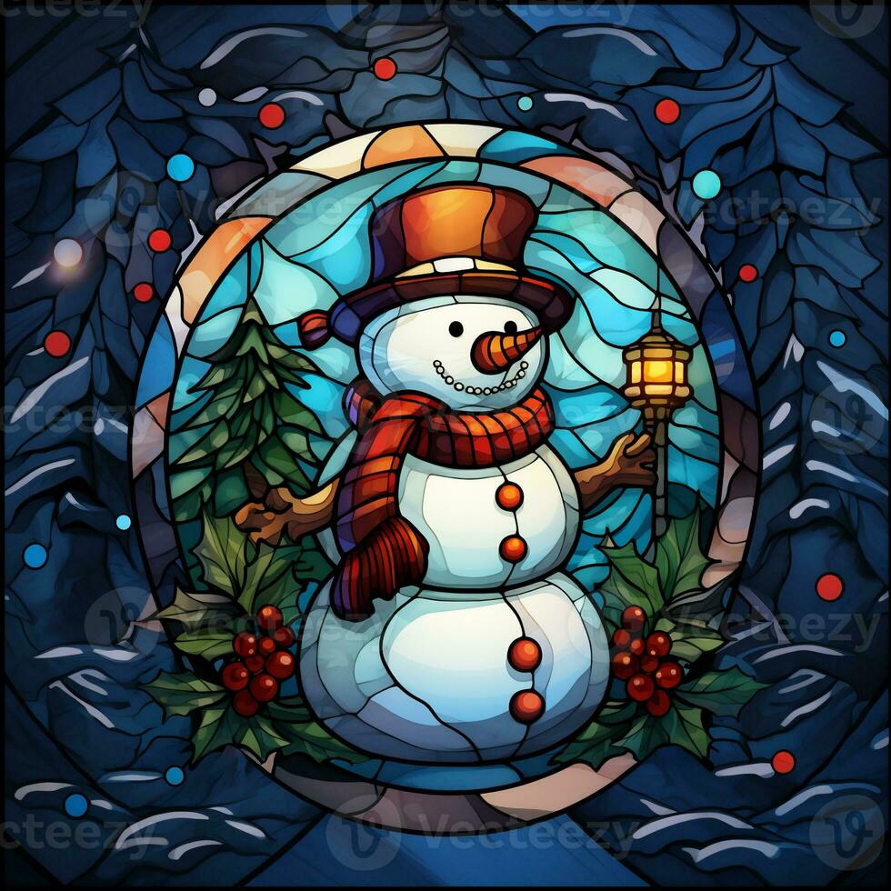 Cute snowman postcard in stained glass style photo