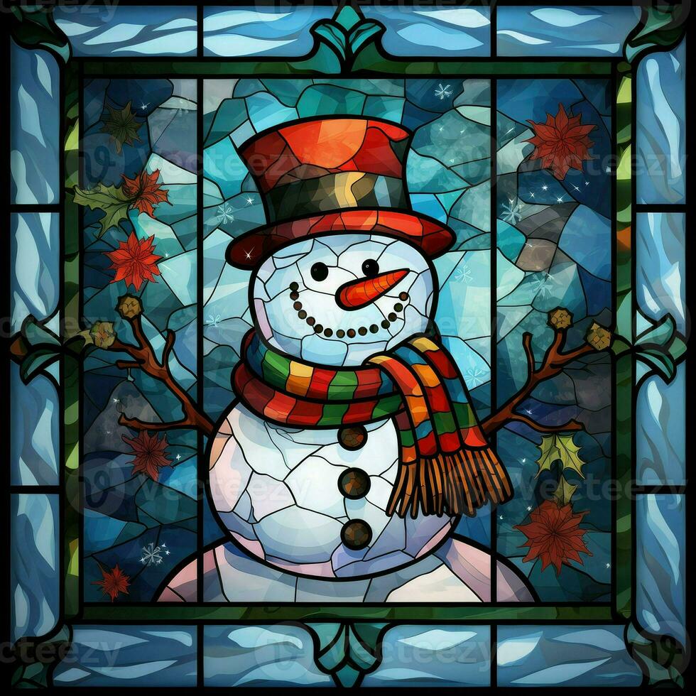 Cute snowman postcard in stained glass style photo