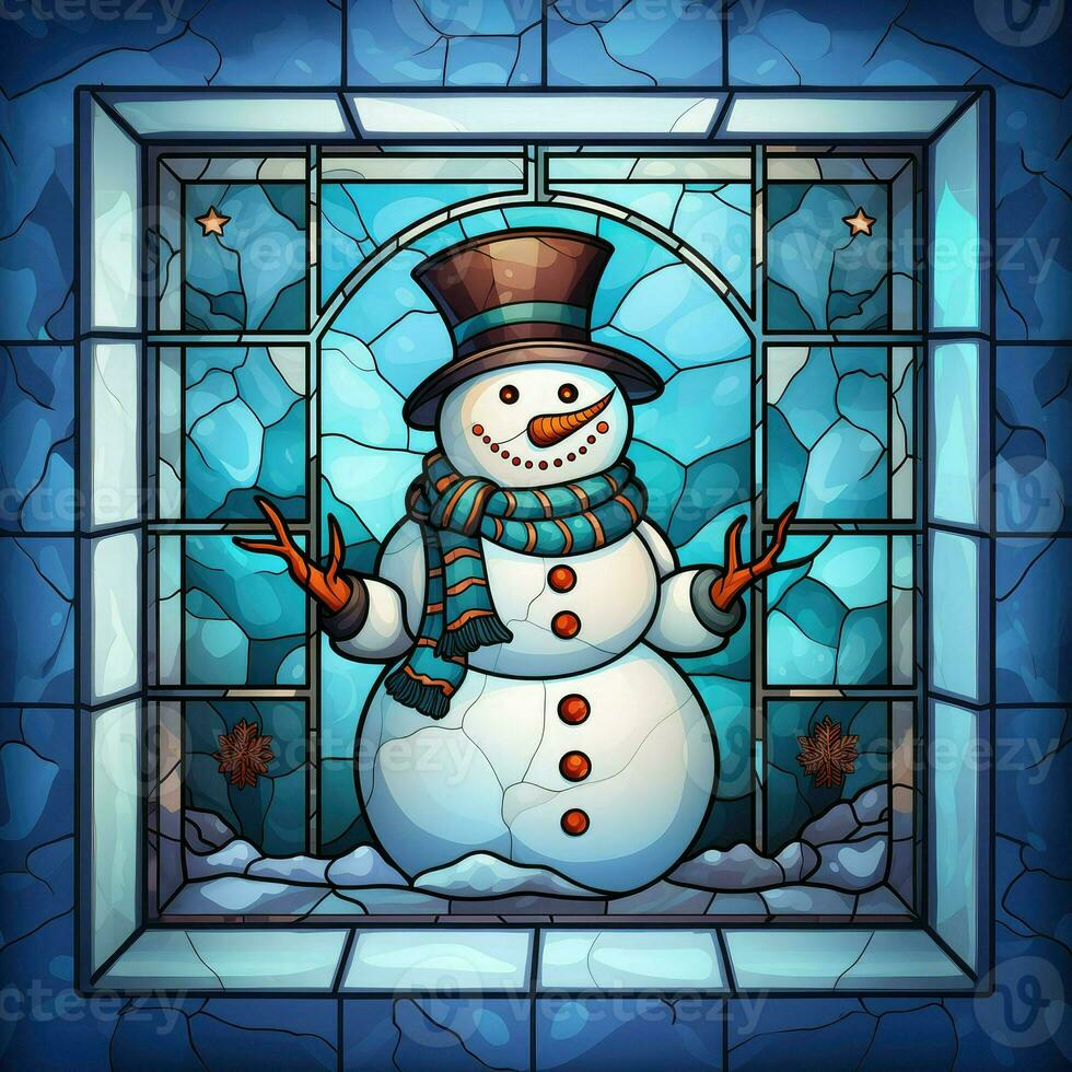 Cute snowman postcard in stained glass style photo