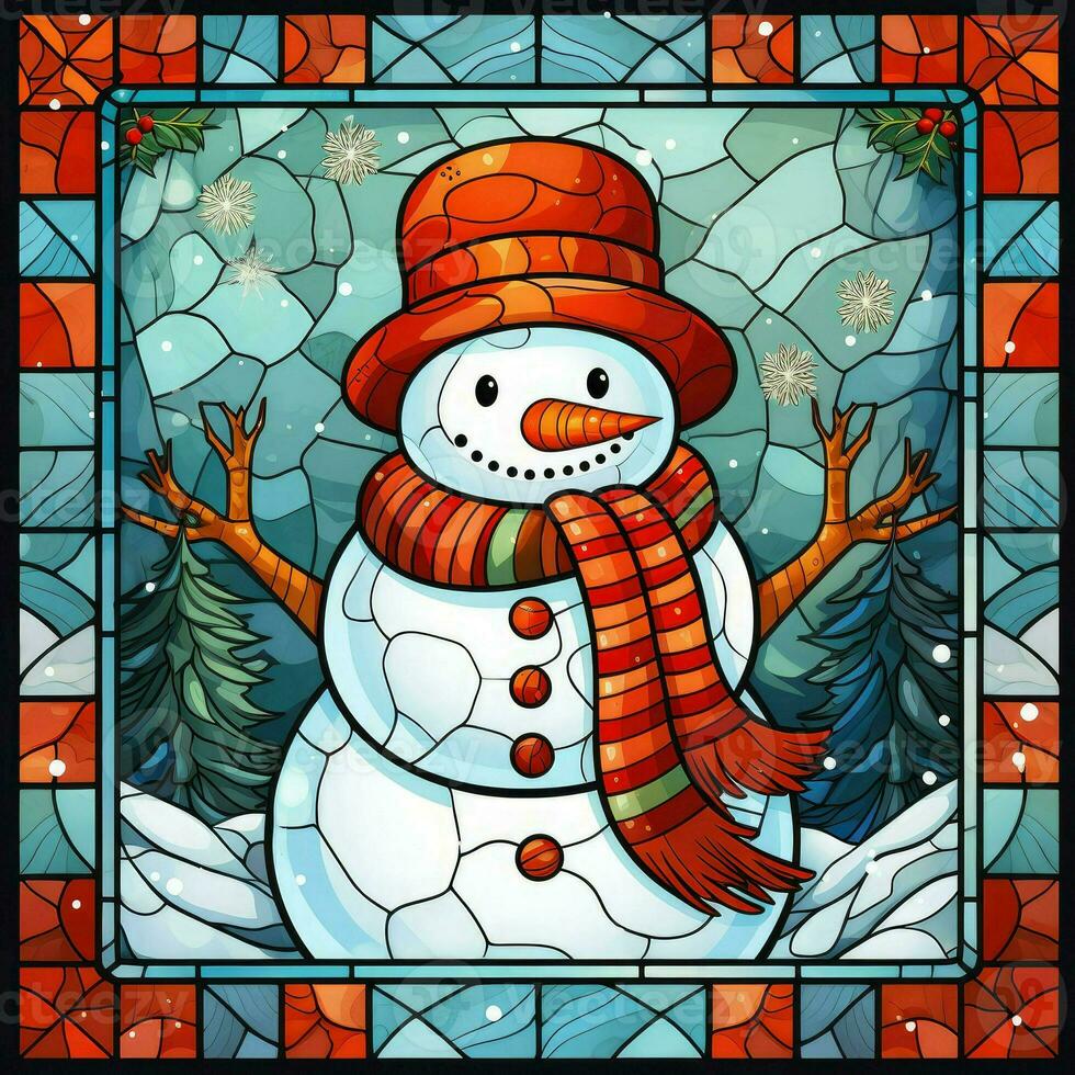 Cute snowman postcard in stained glass style photo