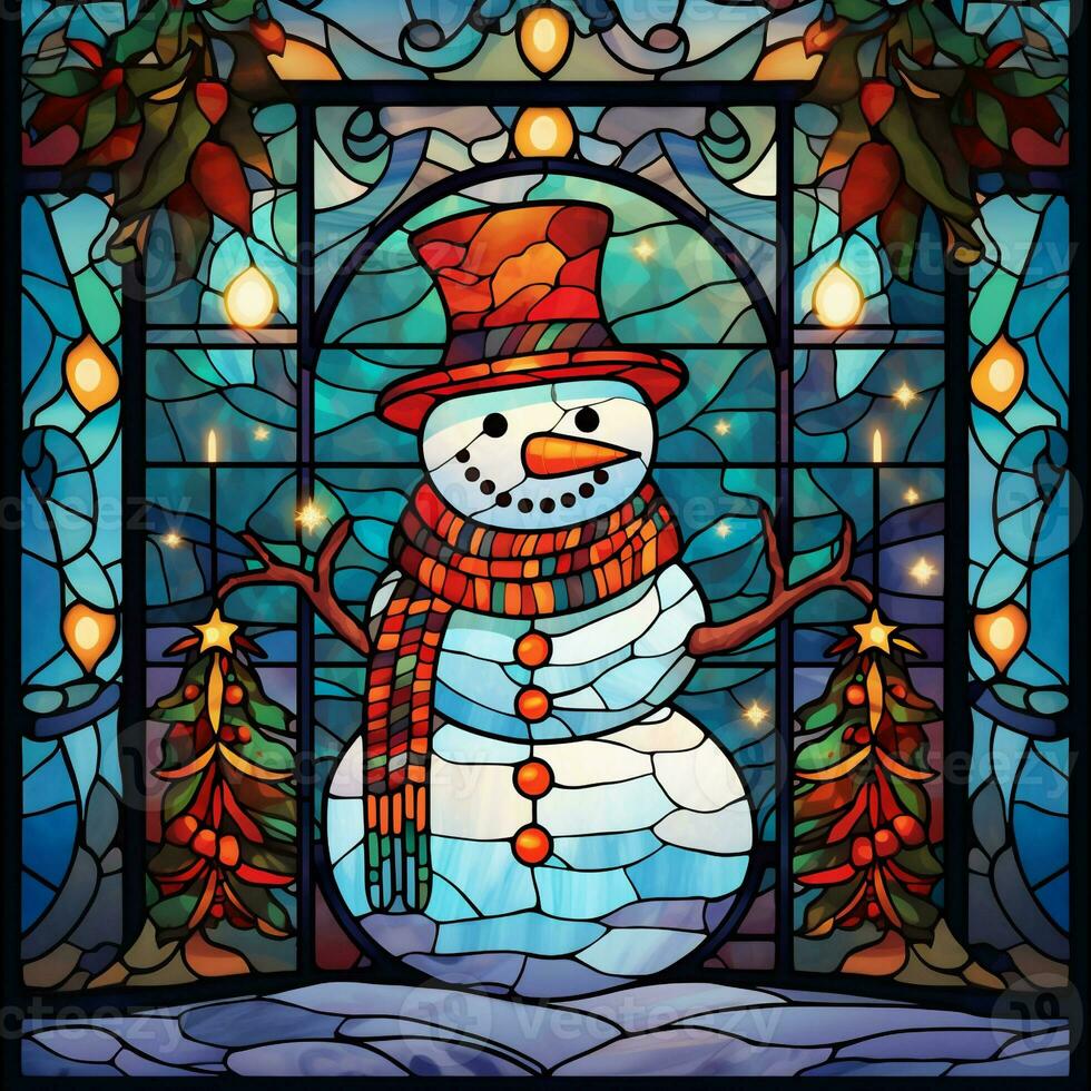 Cute snowman postcard in stained glass style photo