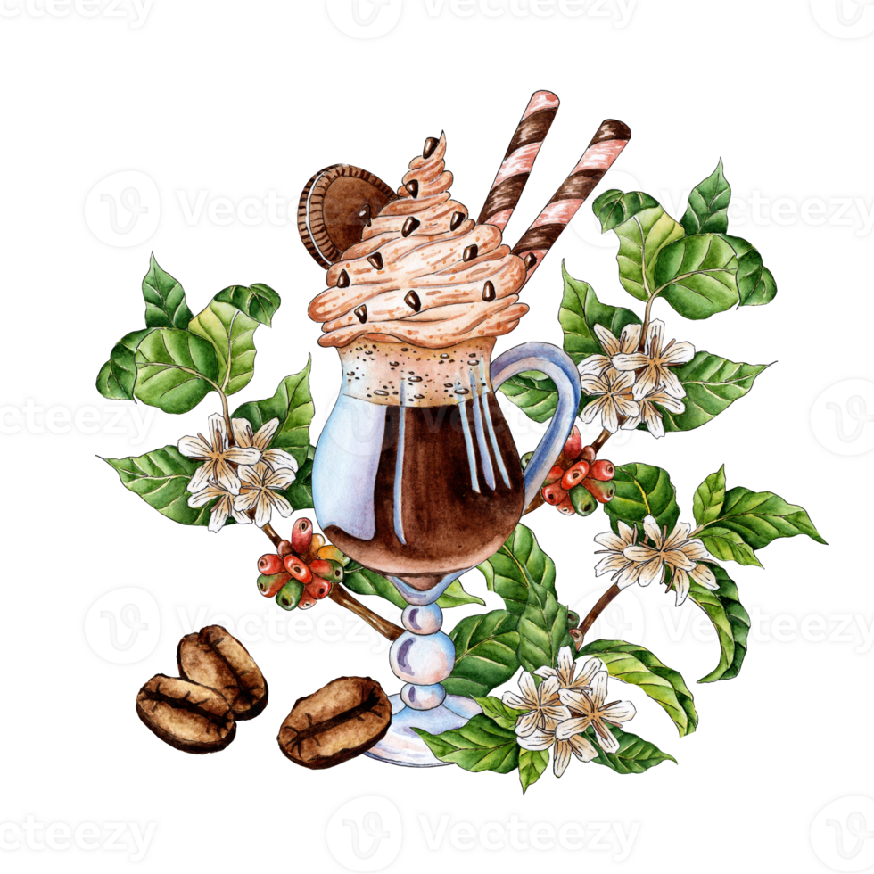 vattenfärg illustration av kaffe cocktail, kvistar, kaffe bönor och blommor. hand dragen vattenfärg illustrationer av drycker för hälsning kort, logotyper, skriva ut. design för framställning cappuccino. png