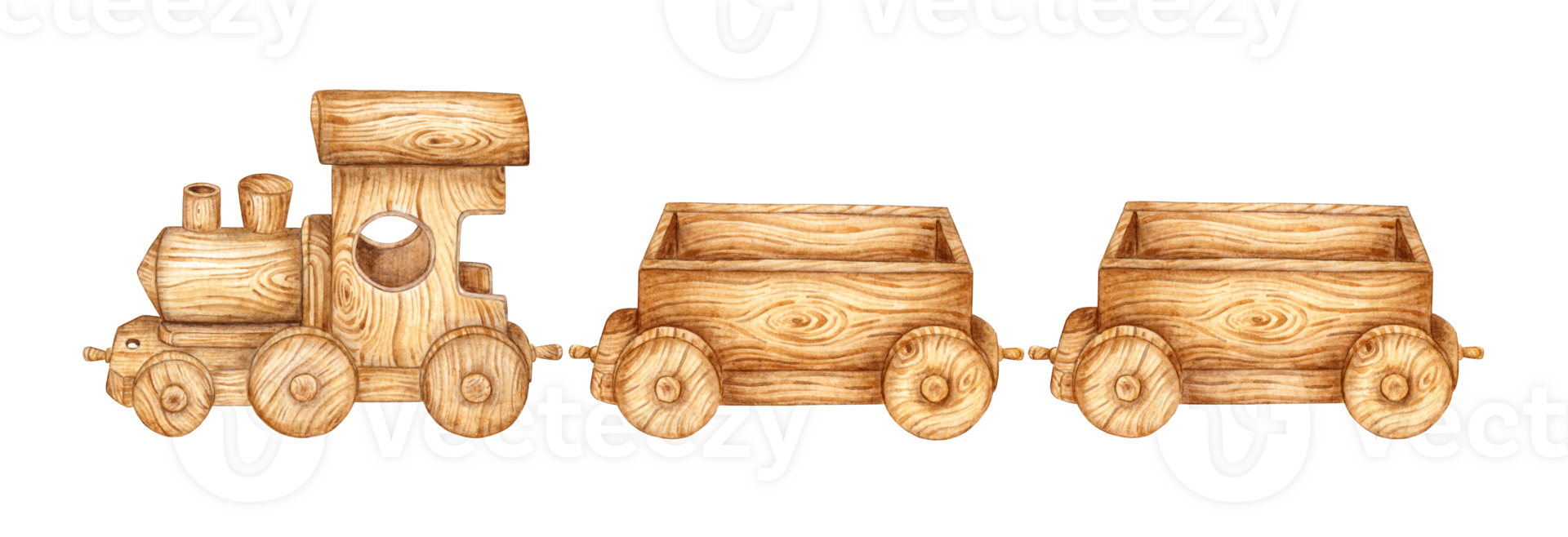Children's toy wooden train and two carts. Watercolor illustration of transport for small children on an isolated. Drawing of a toy train for children's design. png