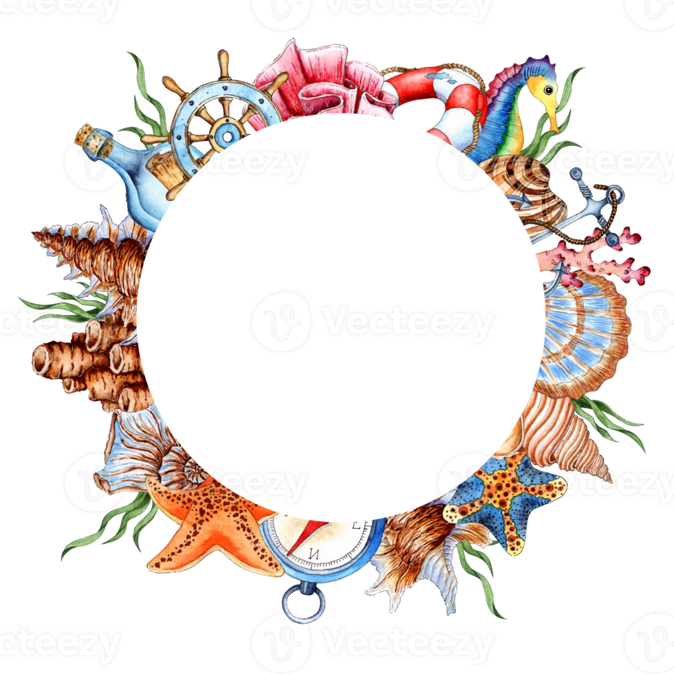 Watercolor illustration round frame with nautical elements. Composition for posters, postcards, banners, flyers, covers, posters and other printing products. isolated png