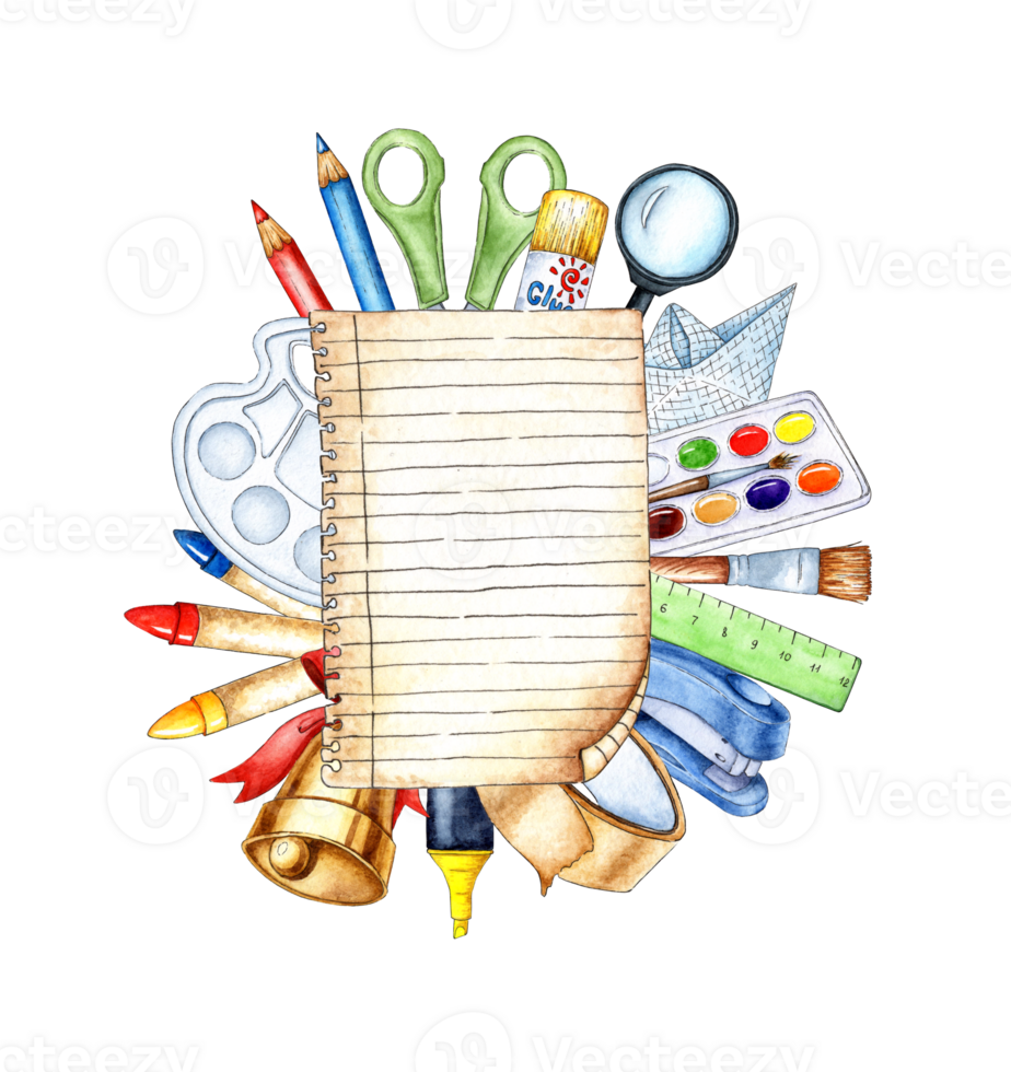 Watercolor clipart composition with a notebook sheet for text, decorated with school items and art objects, craft supplies, pens, pencils, brushes, scissors, glue, stapler, tape, bell. png