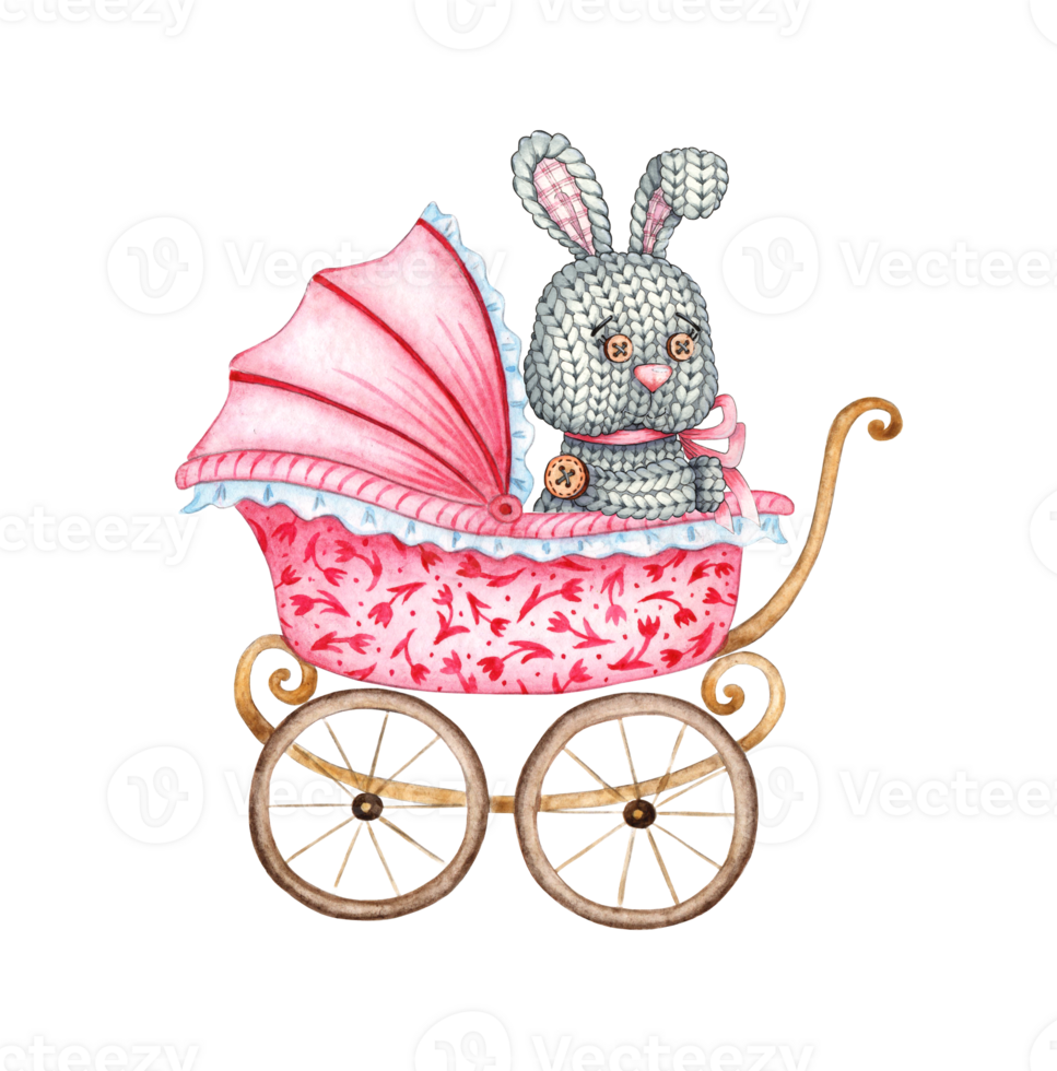 acuarela ilustración bebé rosado cochecito con gris Conejo juguete, recién nacido auto, cochecito dibujo con flores imágenes para tela textil bebé ropa, fondo de pantalla, envase papel, embalaje, diseño png