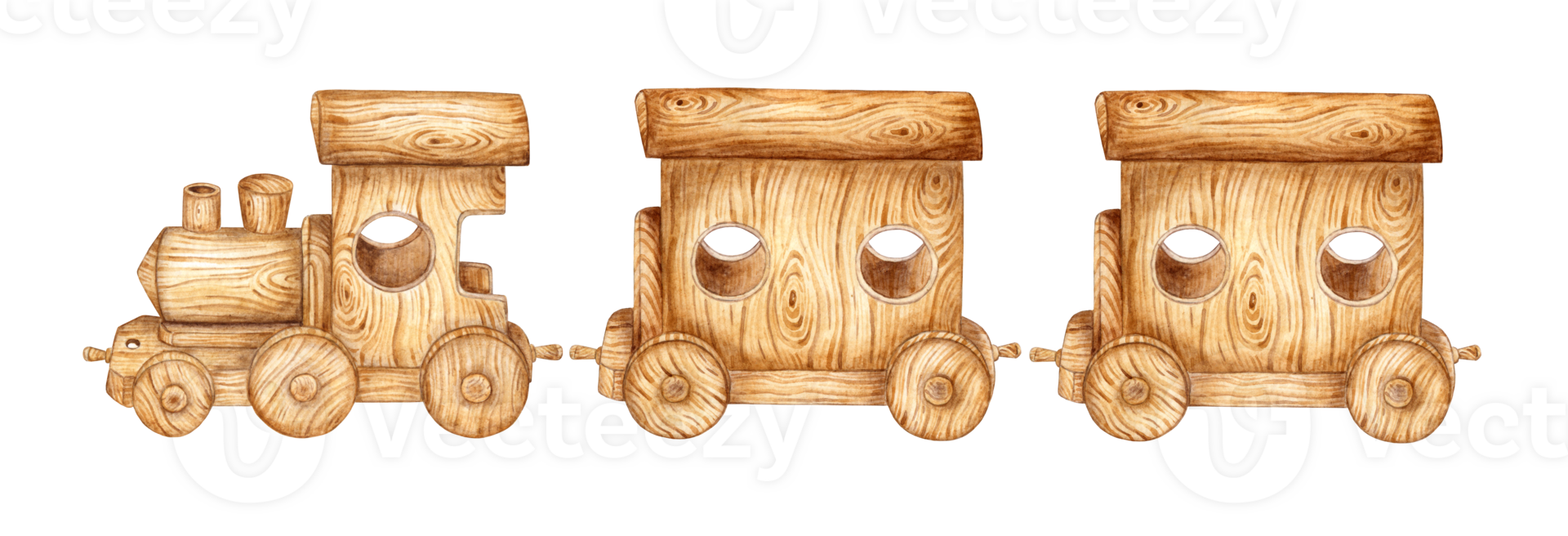Children's toy wooden train and two trailers. Watercolor illustration of transport for small children on an isolated. Drawing of a toy train for children's design. png