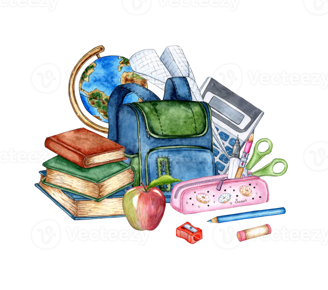 Watercolor illustration blue backpack and stationery image for students, schoolchildren, study equipment, school supplies. Back to school. Education concept isolated png