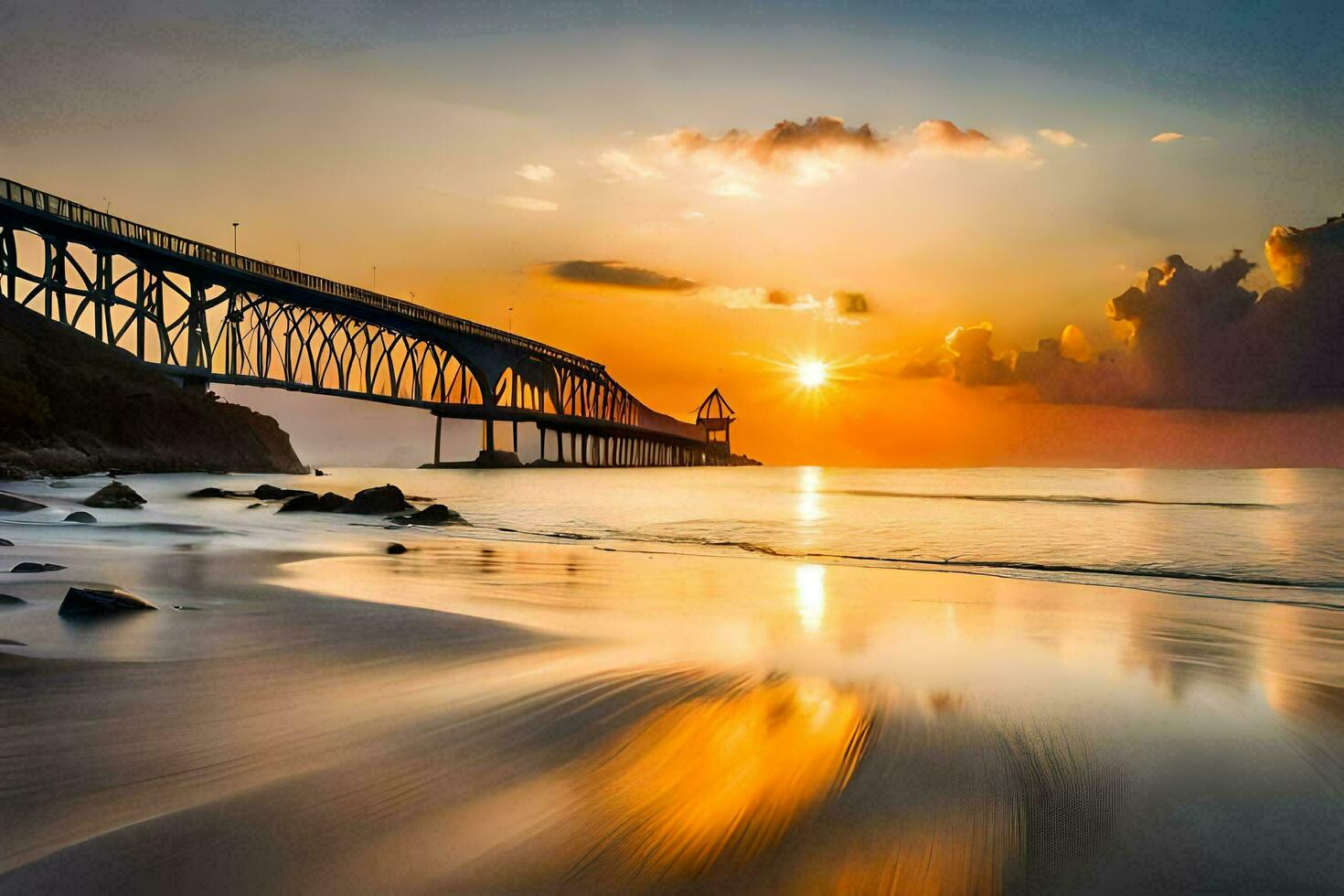a bridge over the ocean at sunset. AI-Generated photo