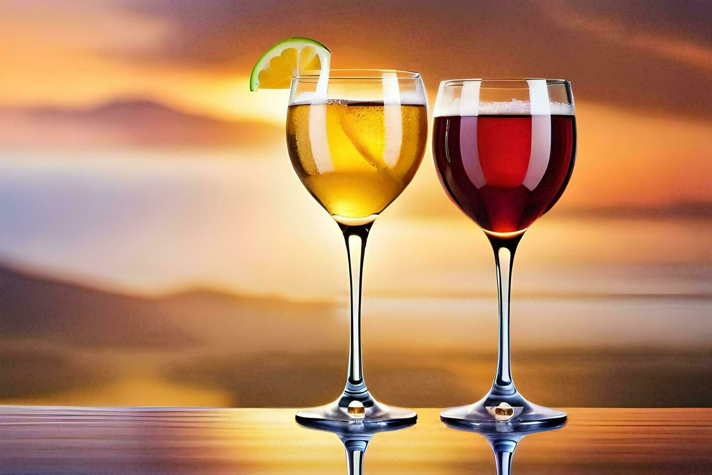 two glasses of wine with a sunset in the background. AI-Generated photo