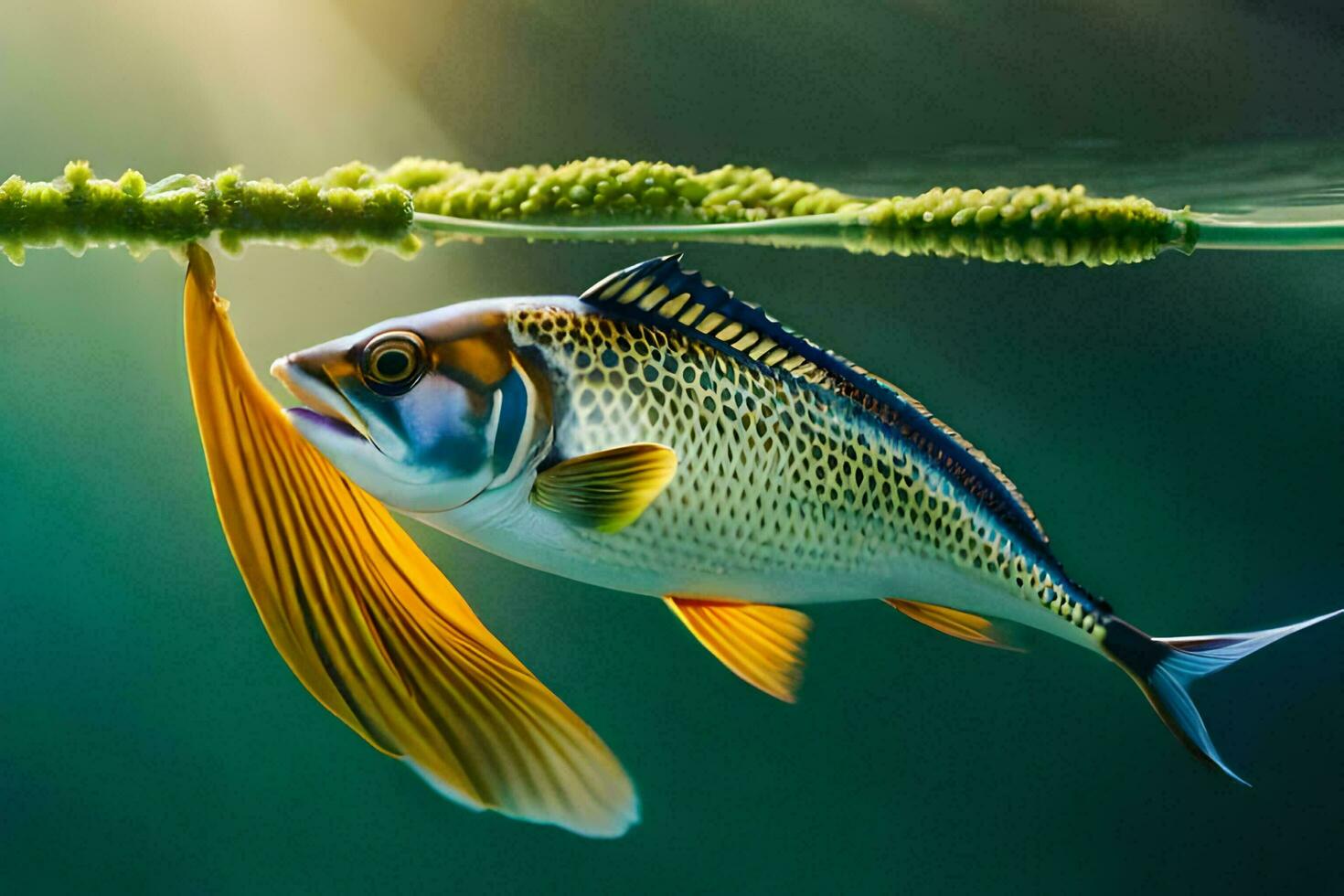 un pescado nadando en el agua con un pescado gancho. generado por ai foto