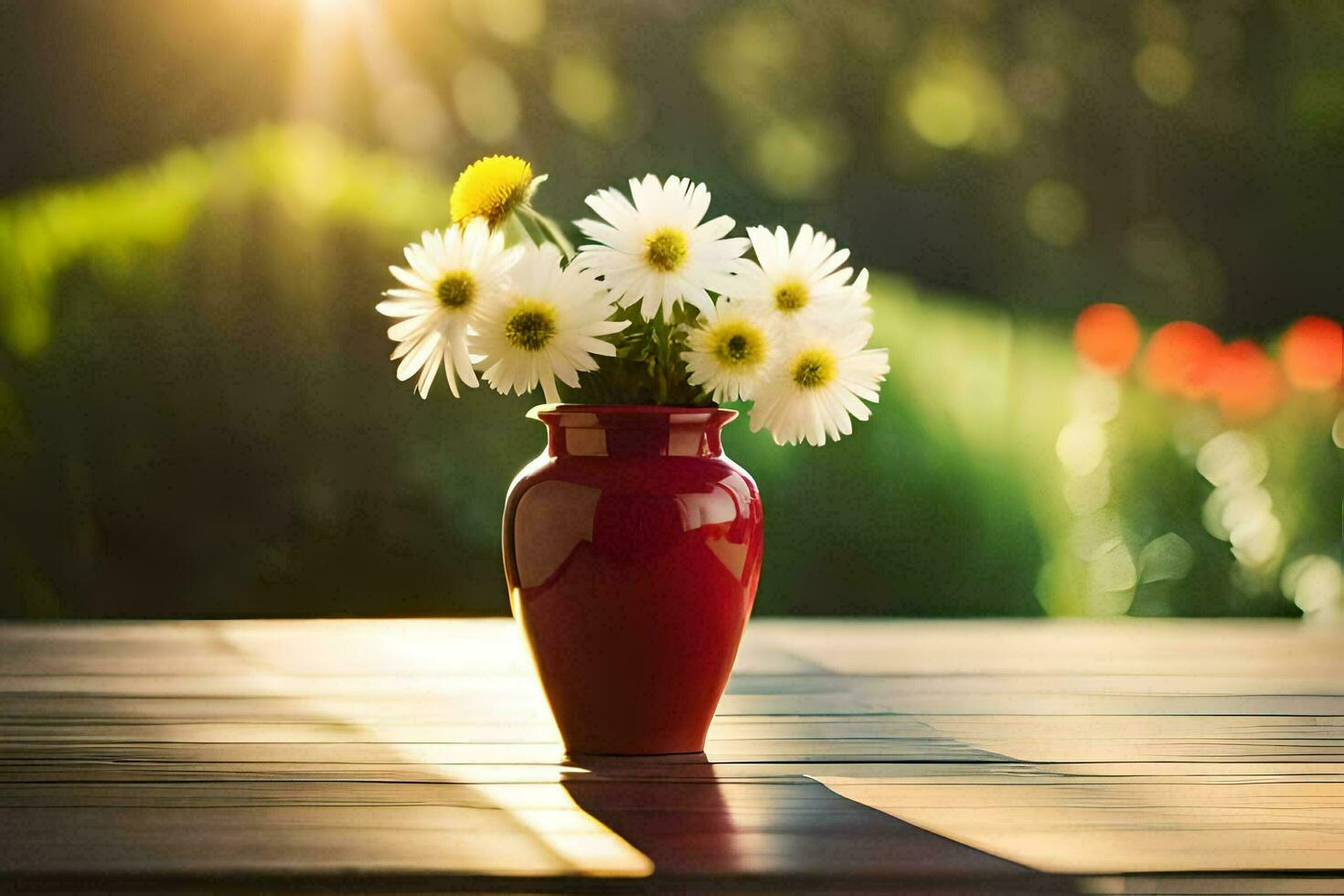 a red vase with white daisies on a wooden table. AI-Generated photo