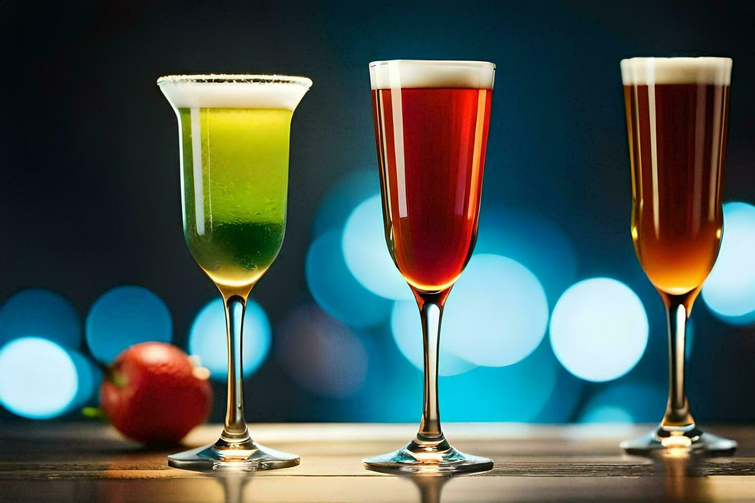 three different drinks in glasses on a table. AI-Generated photo