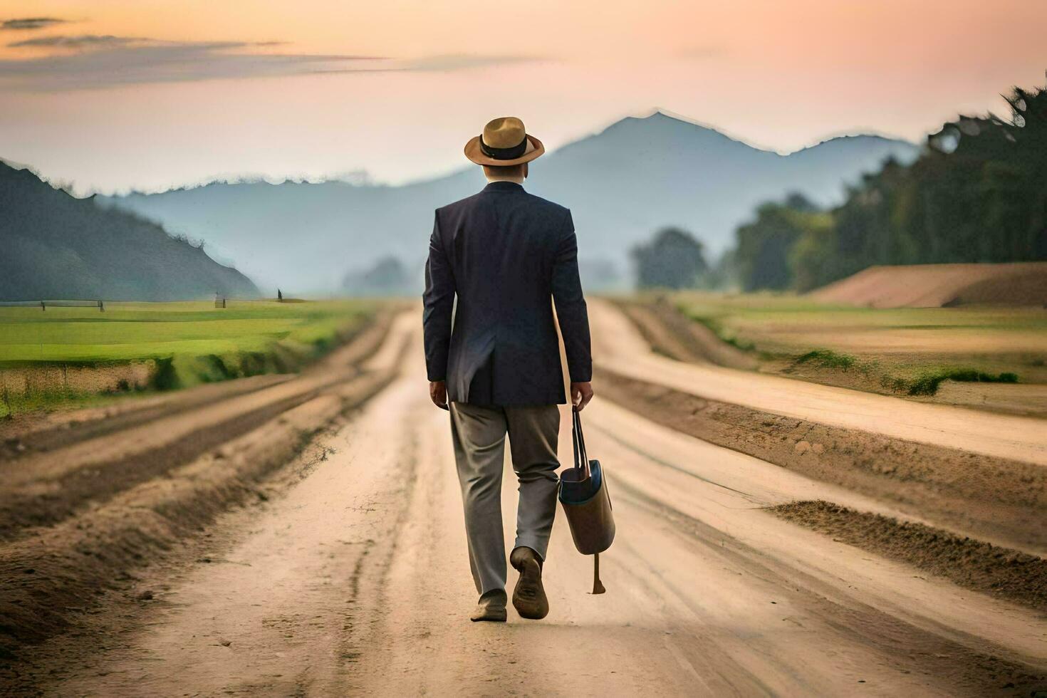 a man in a suit and hat walking down a dirt road. AI-Generated photo
