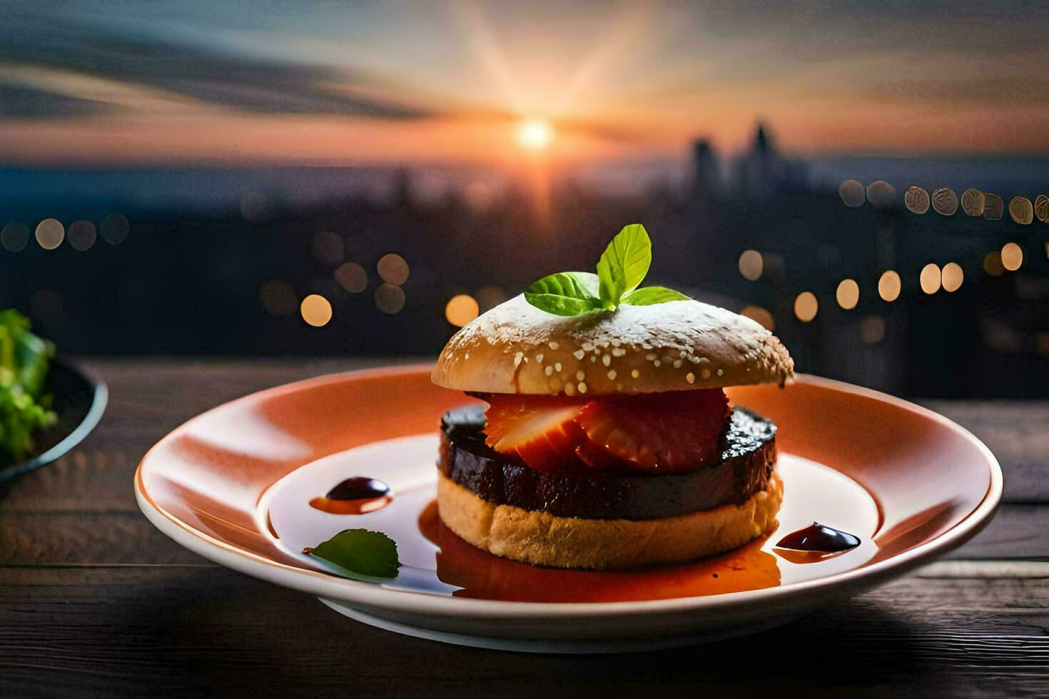 a hamburger with strawberries and a salad on a plate. AI-Generated photo