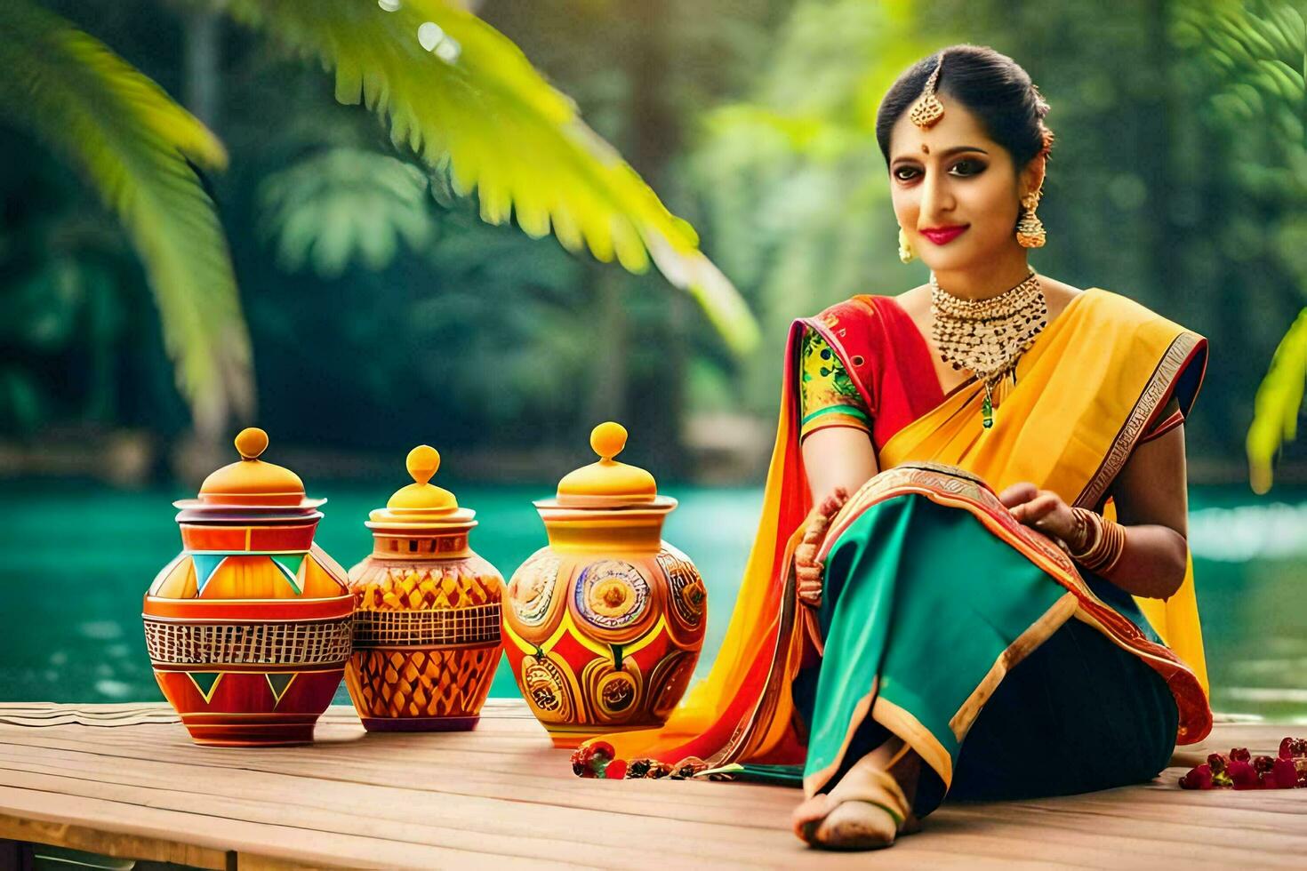 a beautiful indian woman sitting on a wooden deck with colorful pots. AI-Generated photo