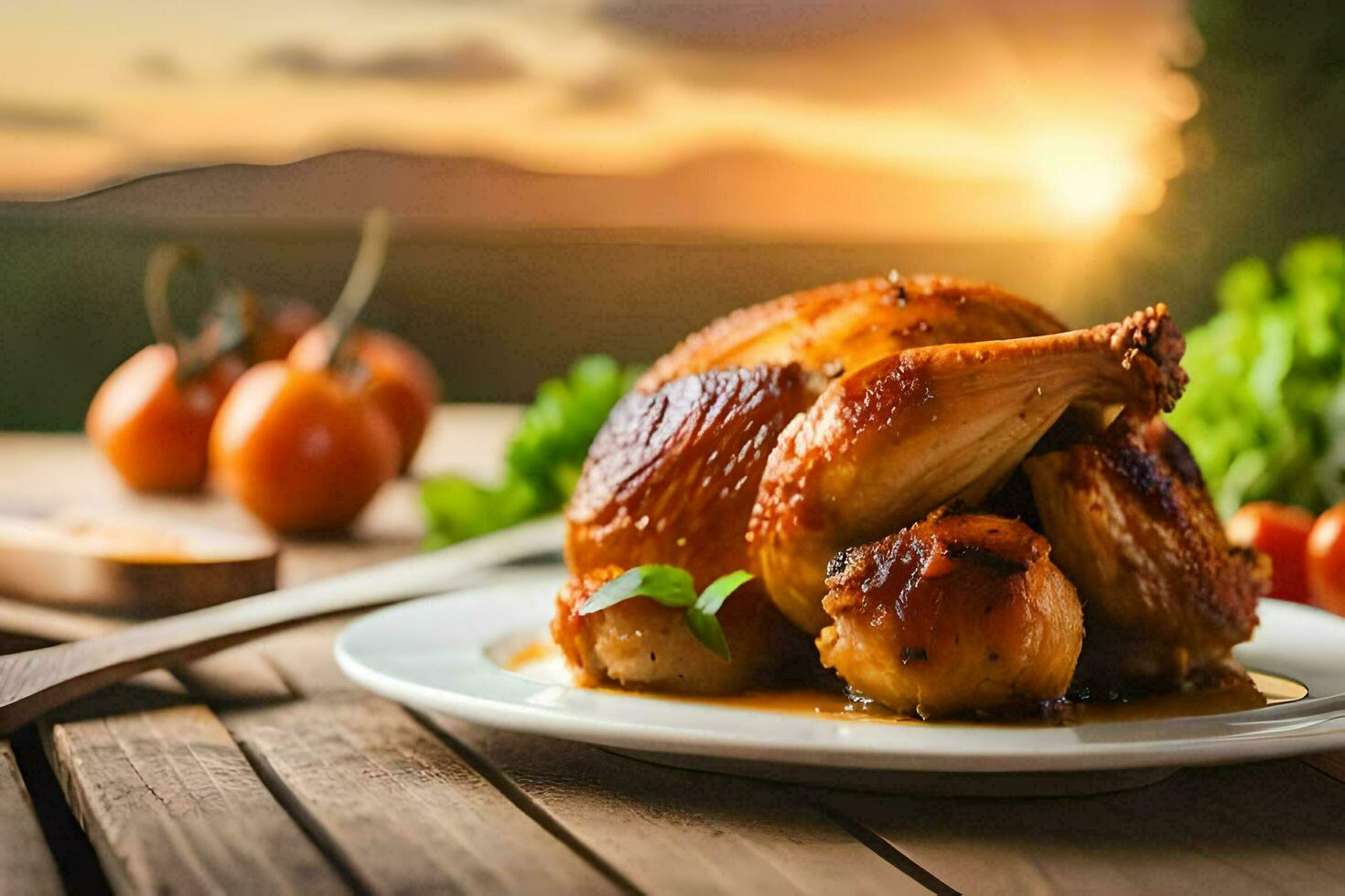 a chicken on a plate with vegetables and a knife. AI-Generated photo