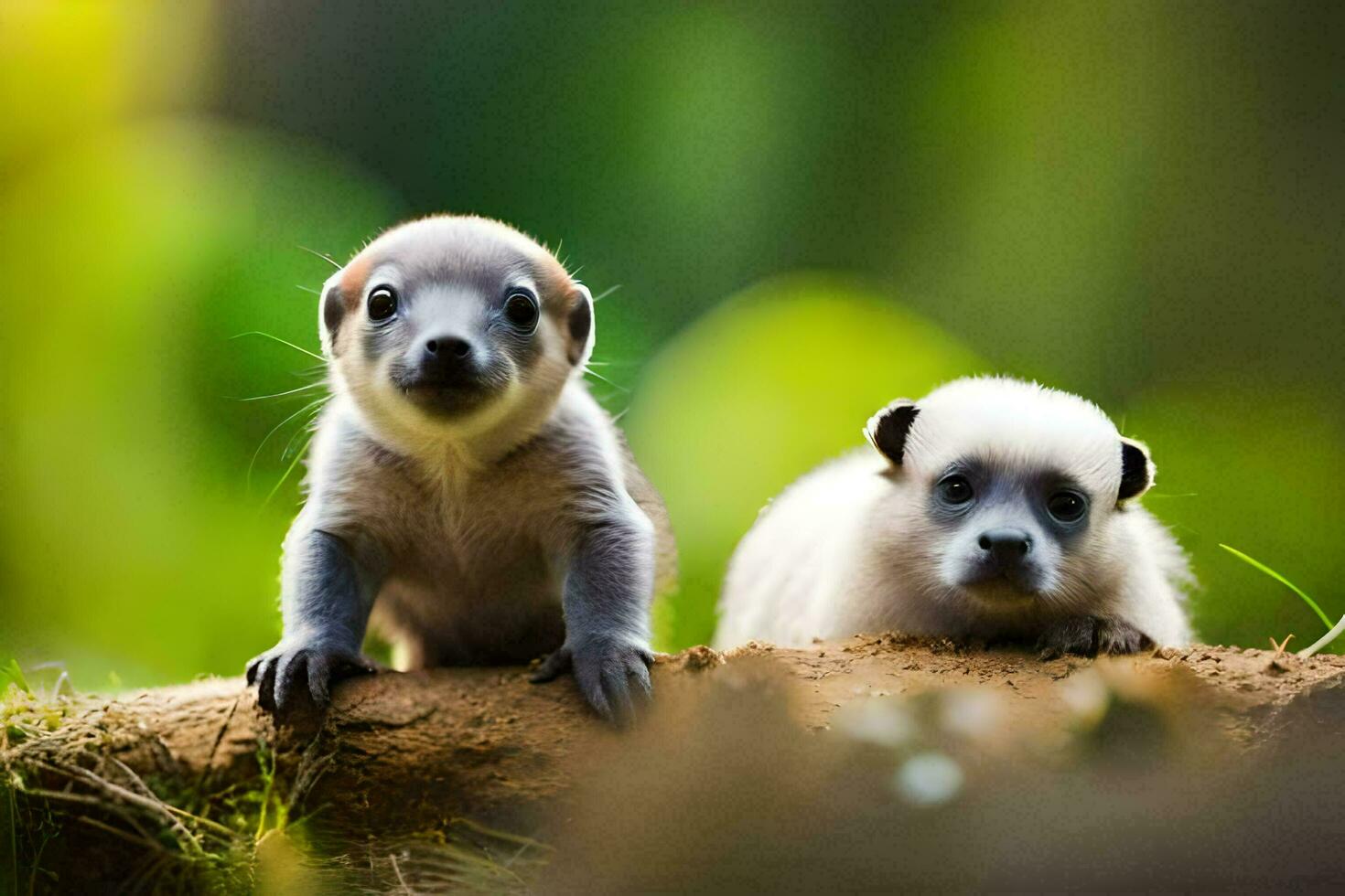 two baby animals sitting on a log in the woods. AI-Generated photo