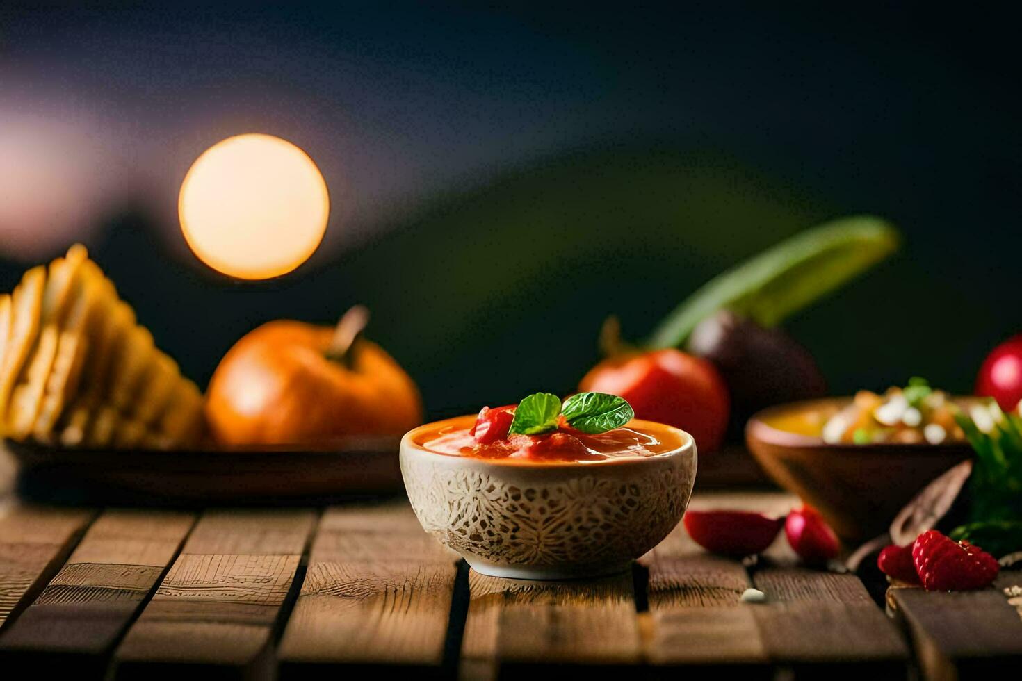a bowl of dip with fruit and vegetables on a table. AI-Generated photo