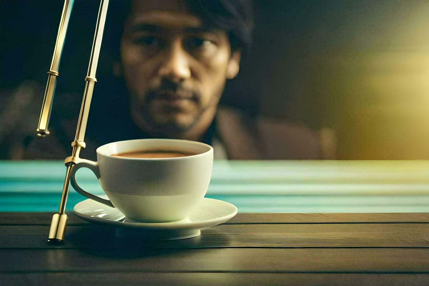 a man sitting at a table with a cup of coffee. AI-Generated photo
