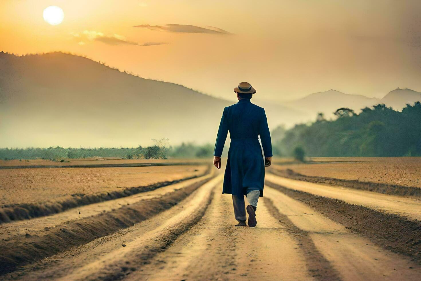 a man in a blue suit walks down a dirt road. AI-Generated photo