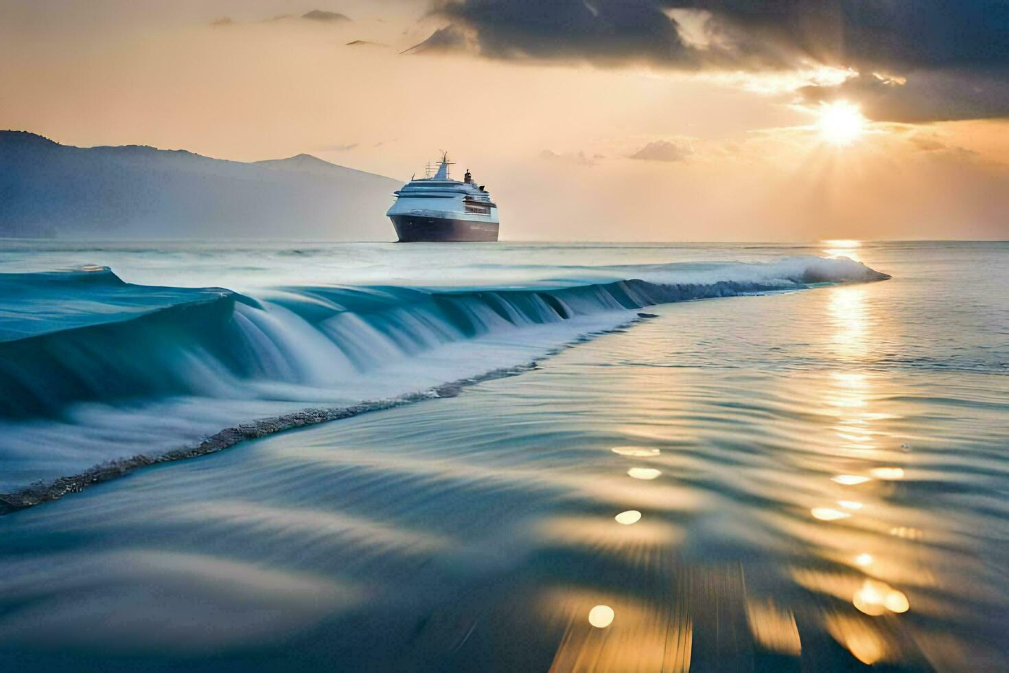 a cruise ship in the ocean at sunset. AI-Generated photo