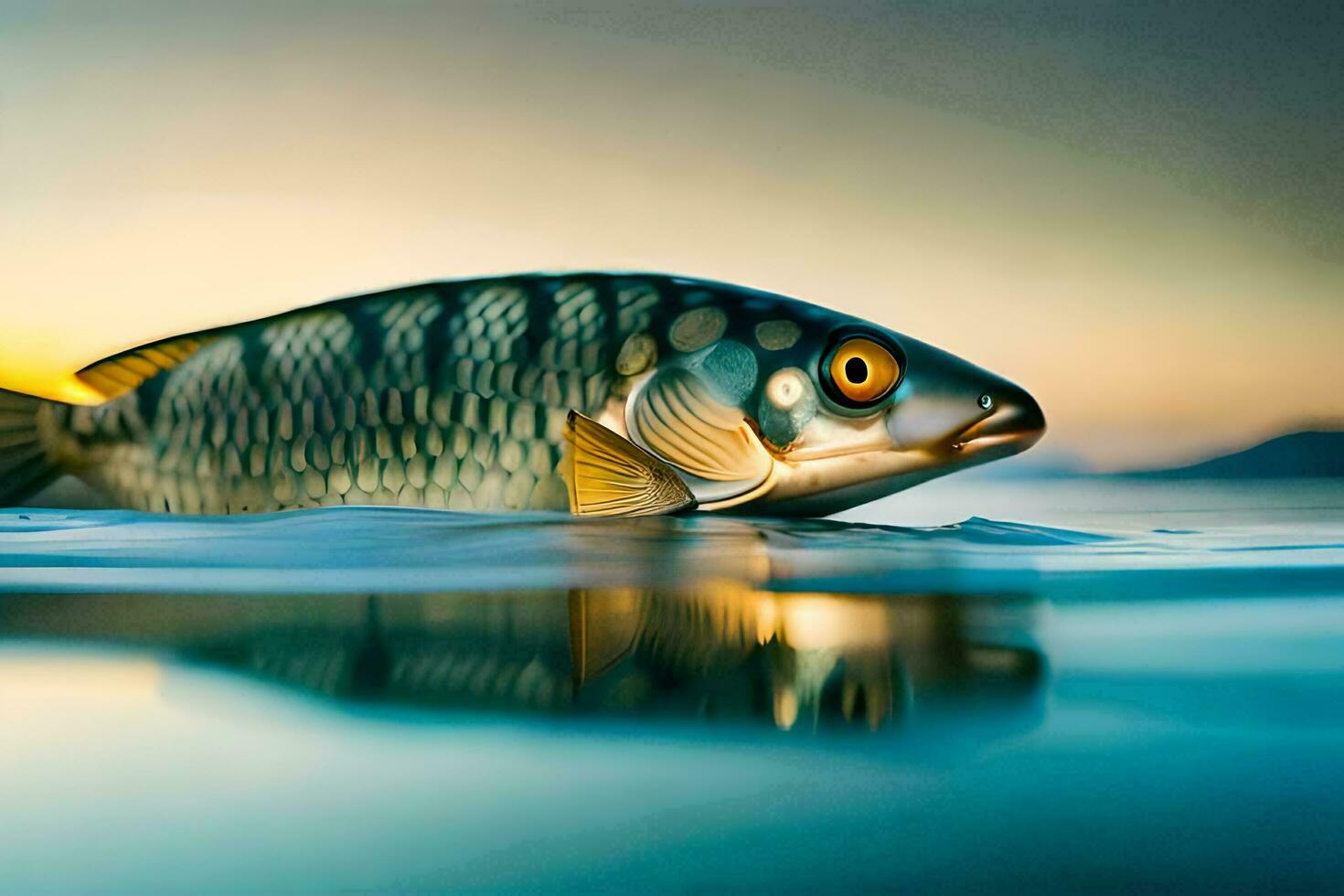 a fish is floating in the water at sunset. AI-Generated photo