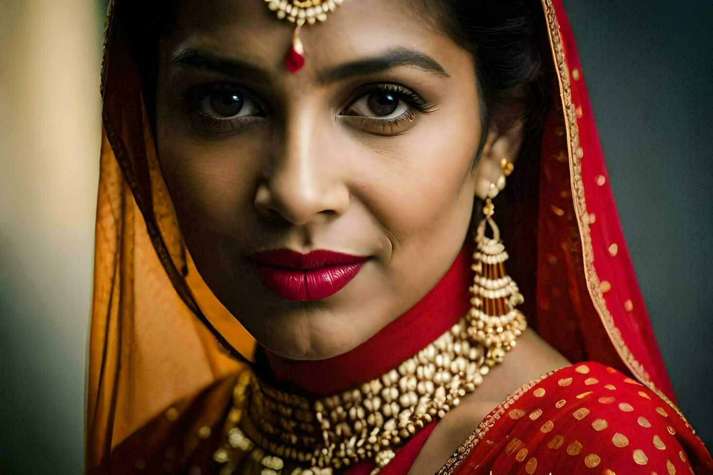 a beautiful indian woman wearing a red sari. AI-Generated photo