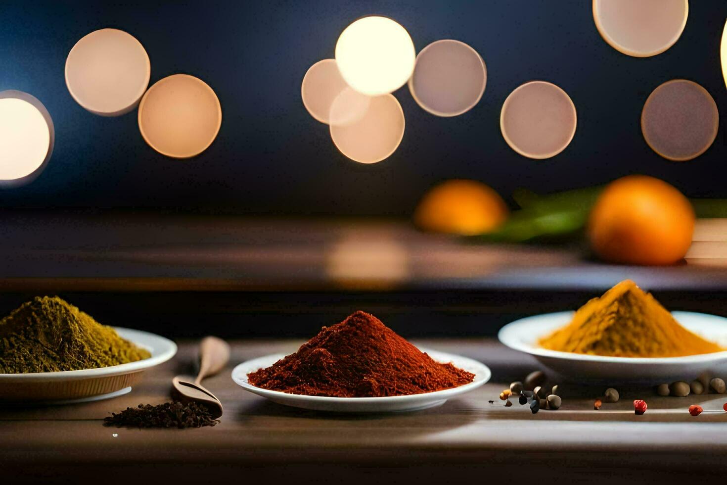 three bowls of spices sit on a table. AI-Generated photo
