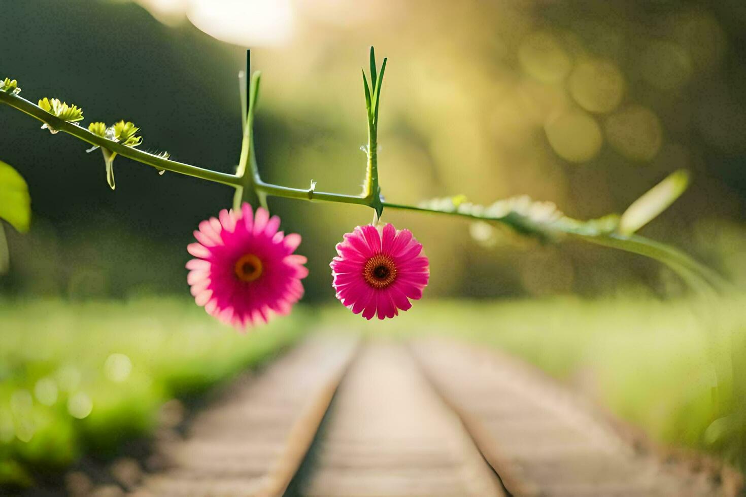 two pink flowers hanging from a branch on a train track. AI-Generated photo