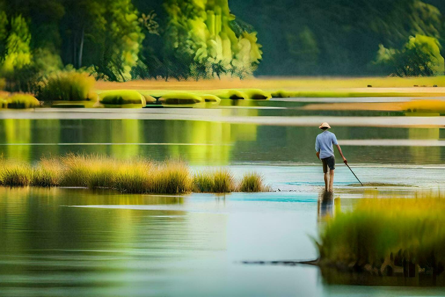 un hombre es caminando a través de un río con un palo. generado por ai foto