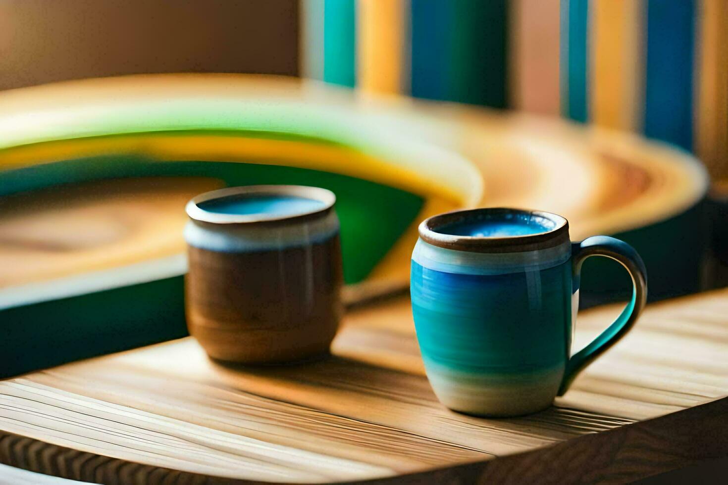 two coffee cups on a wooden tray. AI-Generated photo