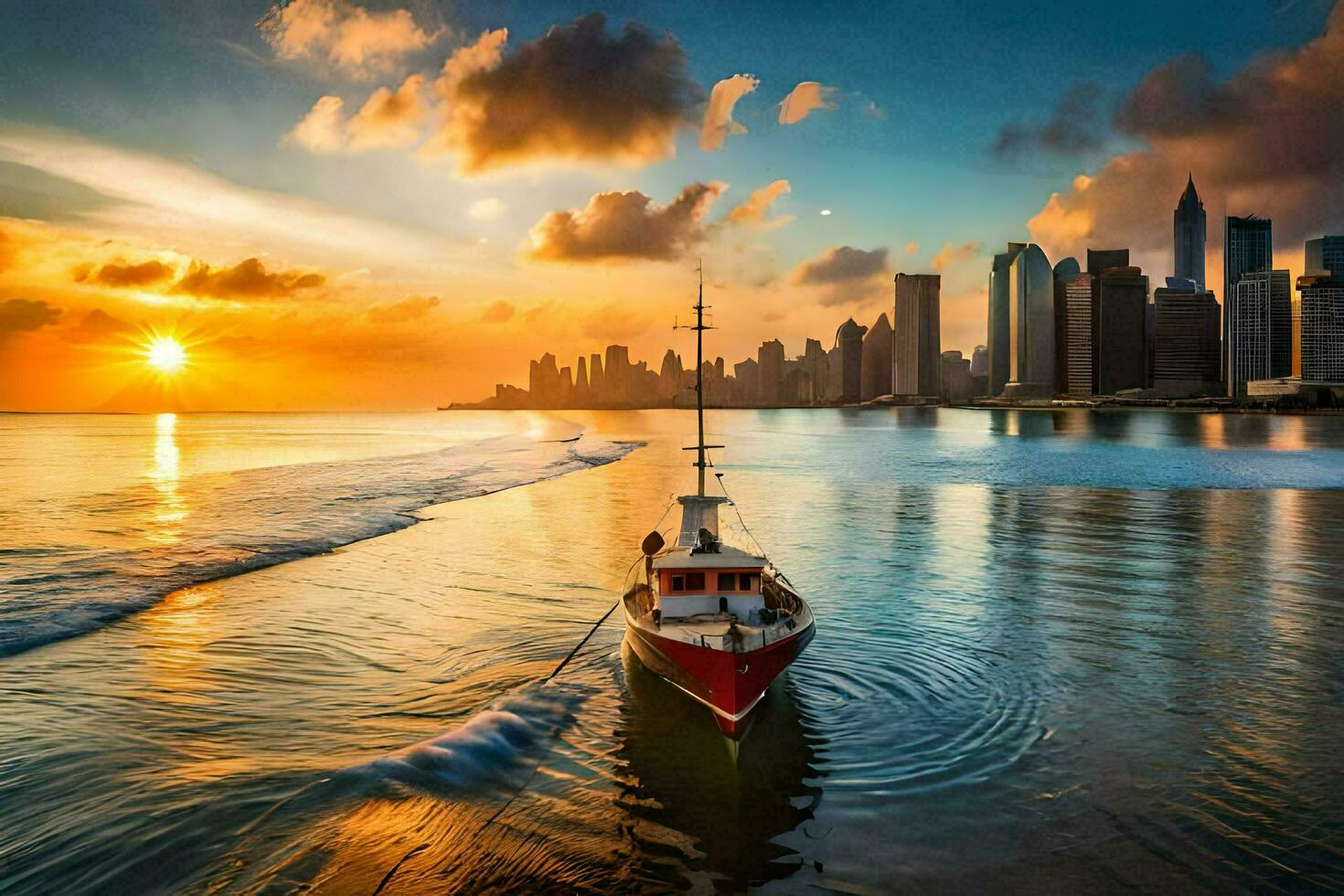 a boat in the ocean at sunset with the city skyline in the background. AI-Generated photo