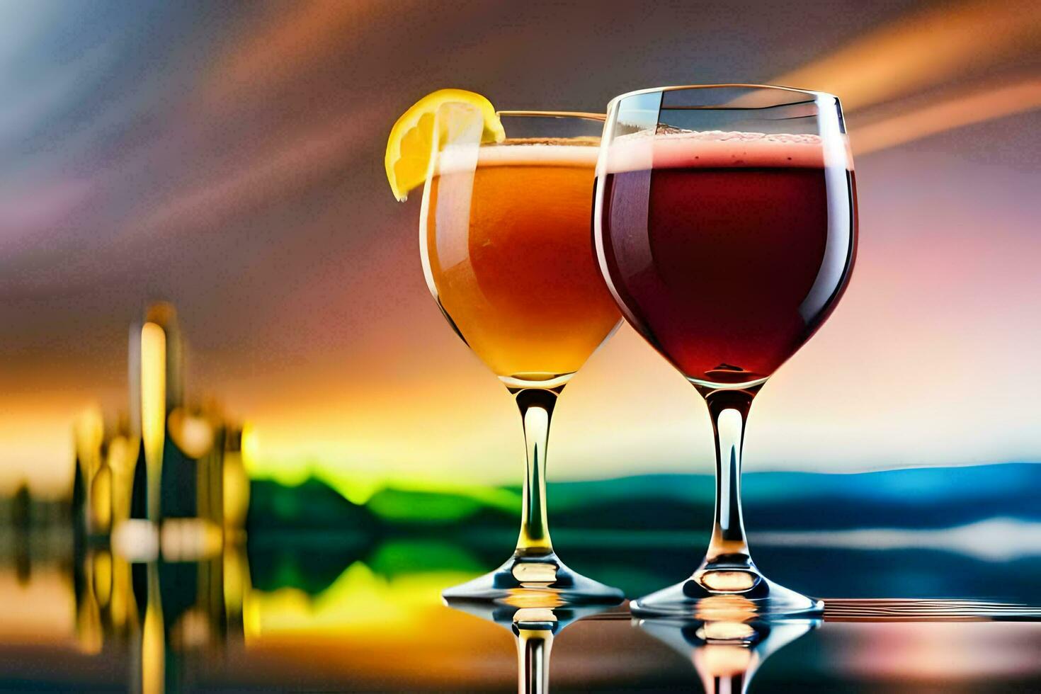 two glasses of wine with a sunset in the background. AI-Generated photo