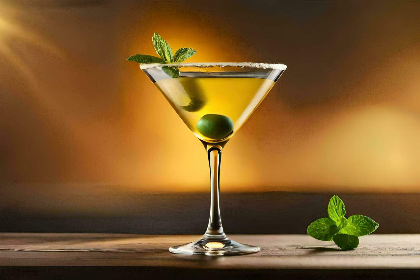 a martini with olives and mint on a wooden table. AI-Generated photo