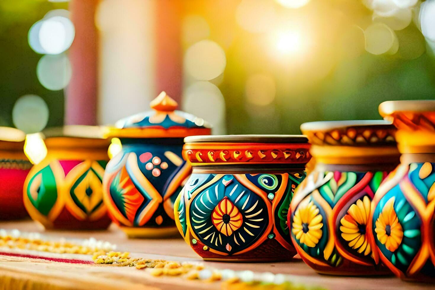 colorful pots on a table with a sun in the background. AI-Generated photo
