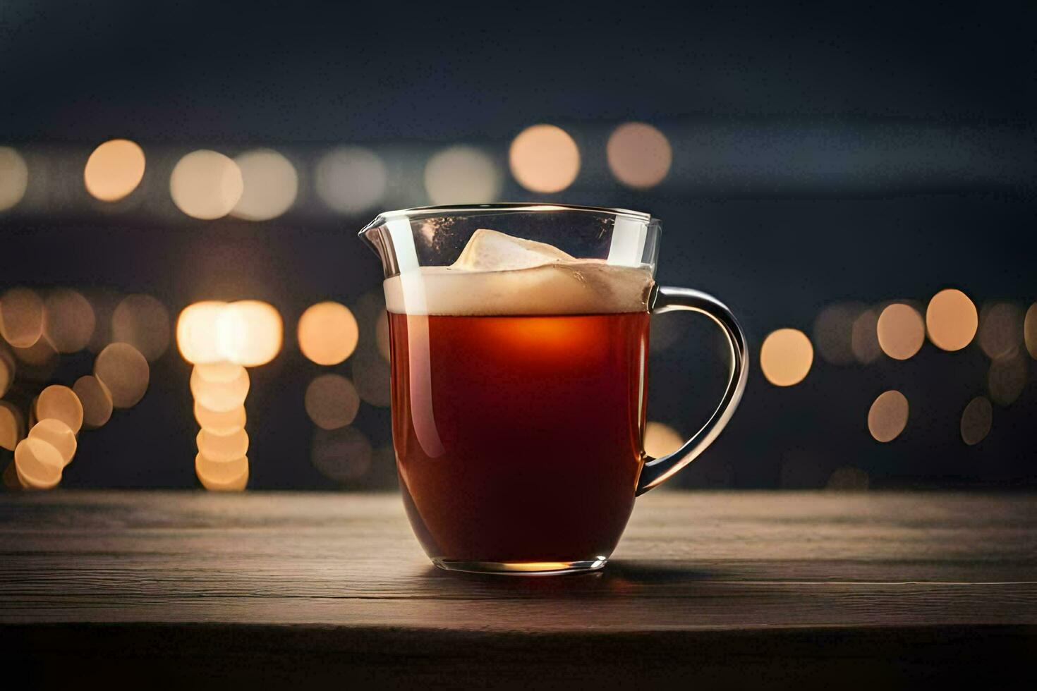 a pitcher of iced tea sitting on a table in front of a city skyline. AI-Generated photo