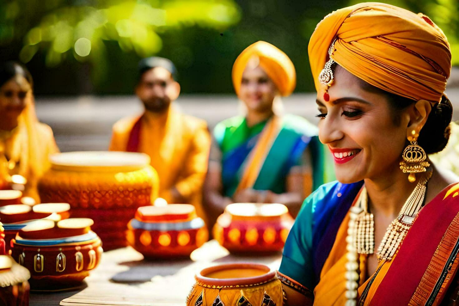 indian woman in traditional attire with colorful pots. AI-Generated photo