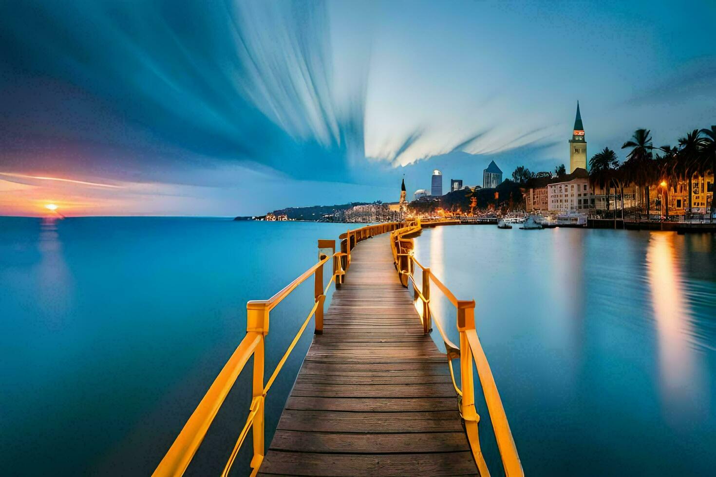 a long exposure photo of a pier in the water. AI-Generated