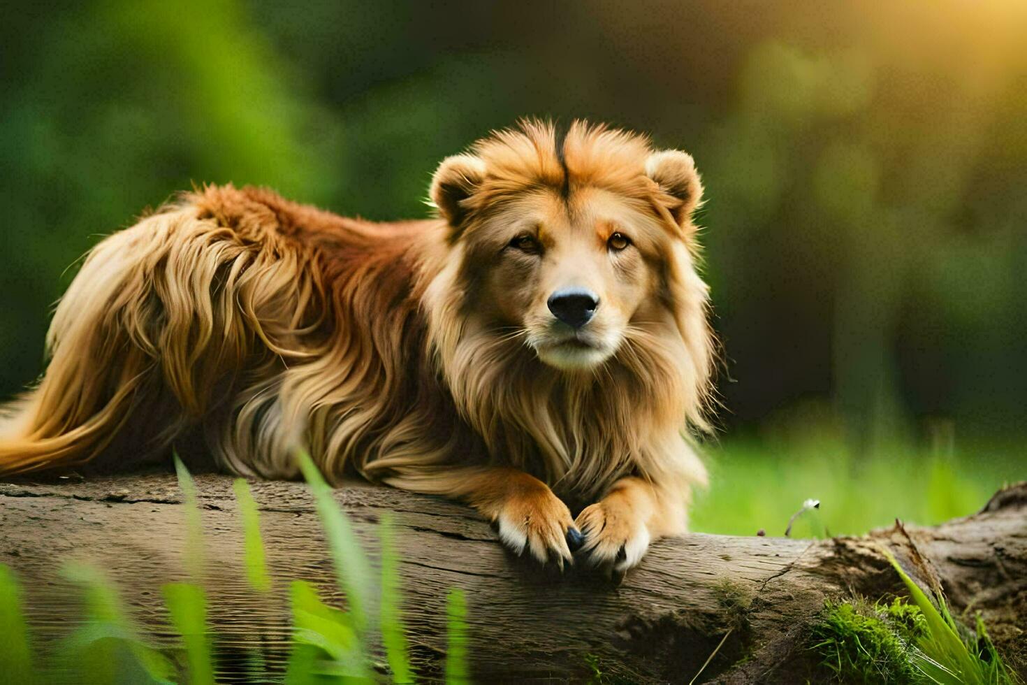 un león es sentado en un Iniciar sesión en el césped. generado por ai foto