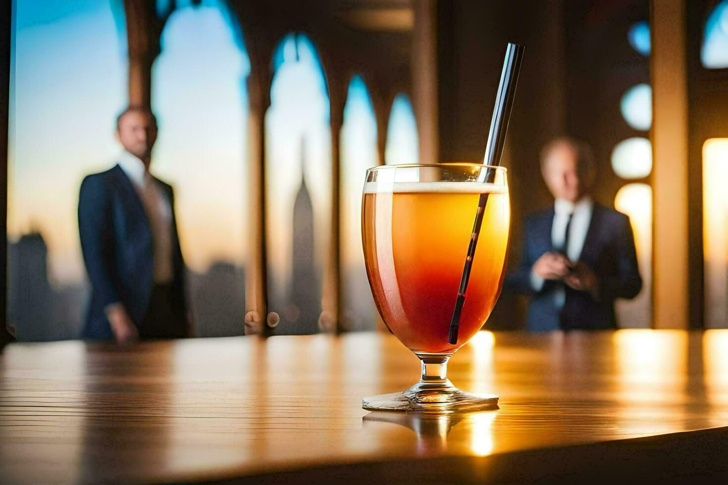 un vaso de cerveza en un mesa con dos hombres en trajes. generado por ai foto