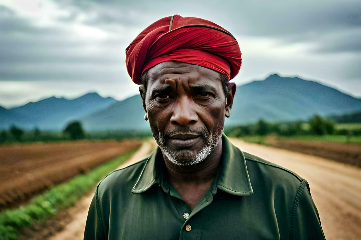 a man in a red turban stands in the middle of a dirt road. AI-Generated photo