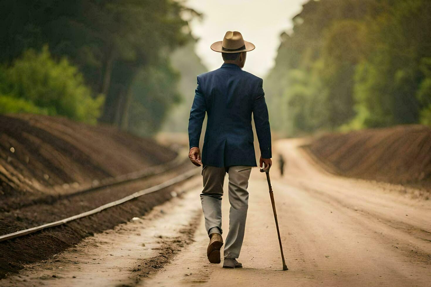 a man in a suit and hat walking down a road. AI-Generated photo