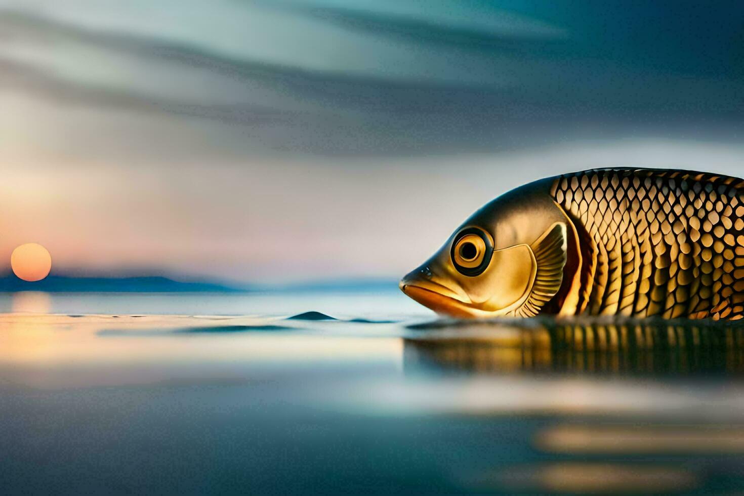 golden fish in the water at sunset. AI-Generated photo