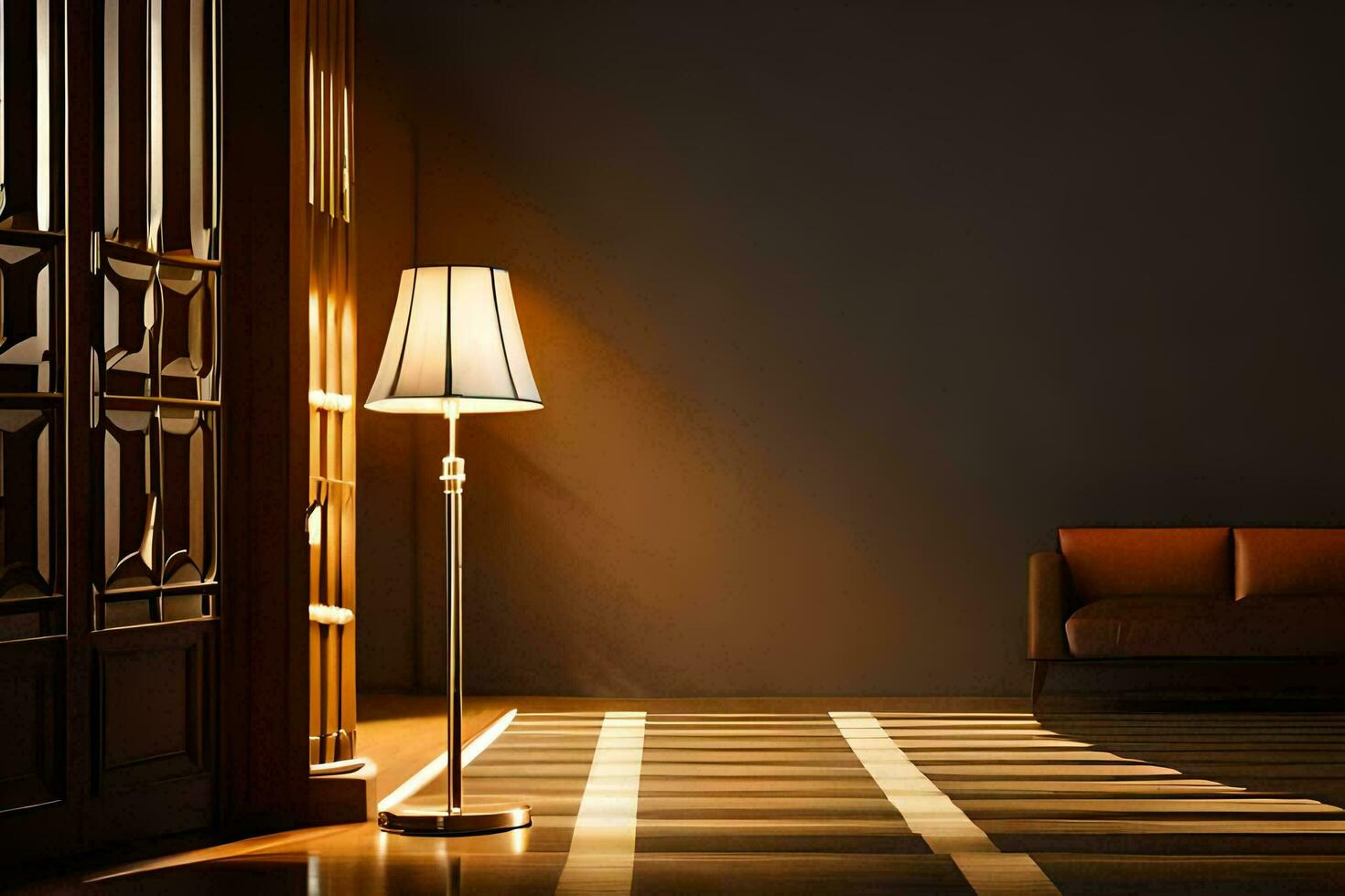a room with a lamp and a couch. AI-Generated photo