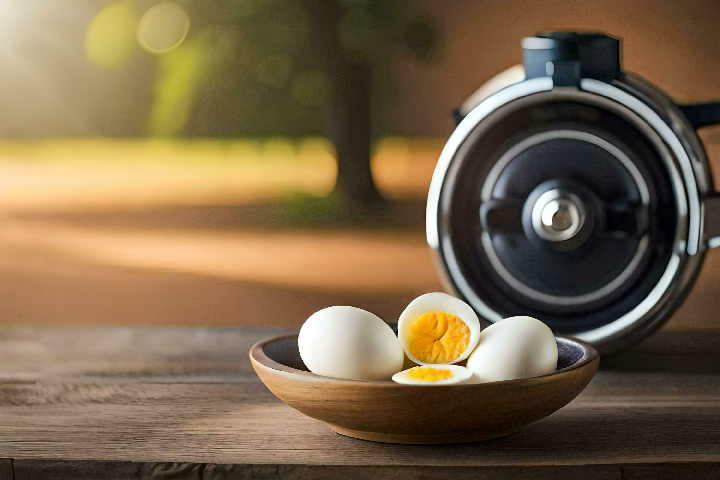 a bowl of boiled eggs next to an electric kettle. AIGenerated 31842317