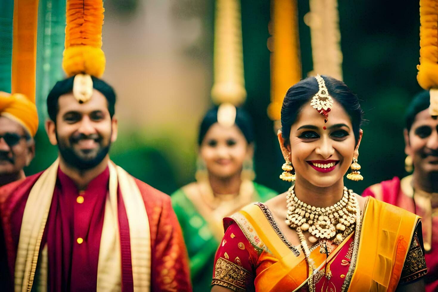 un novia y novio en tradicional indio atuendo. generado por ai foto