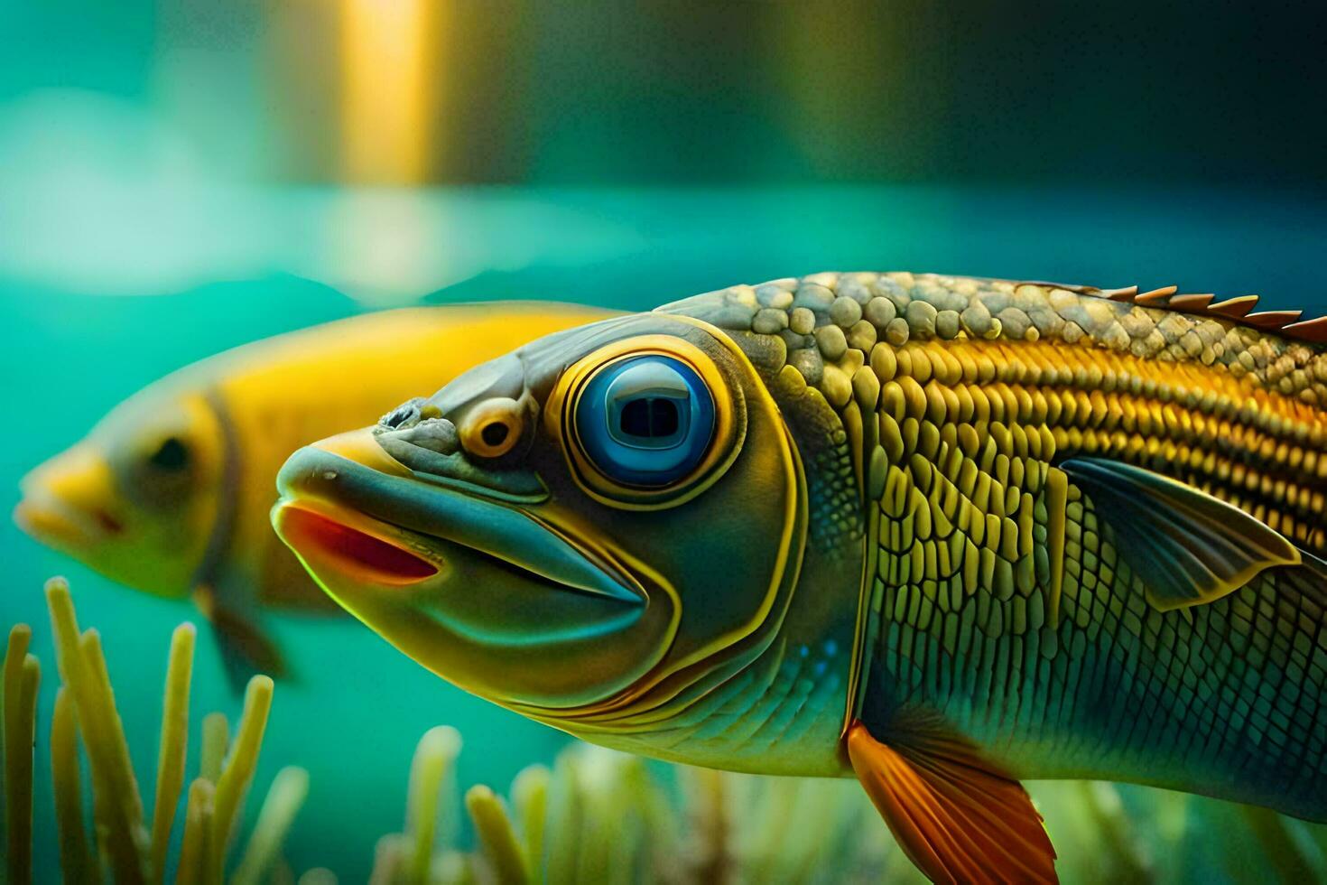 two fish swimming in the water with grass. AI-Generated photo
