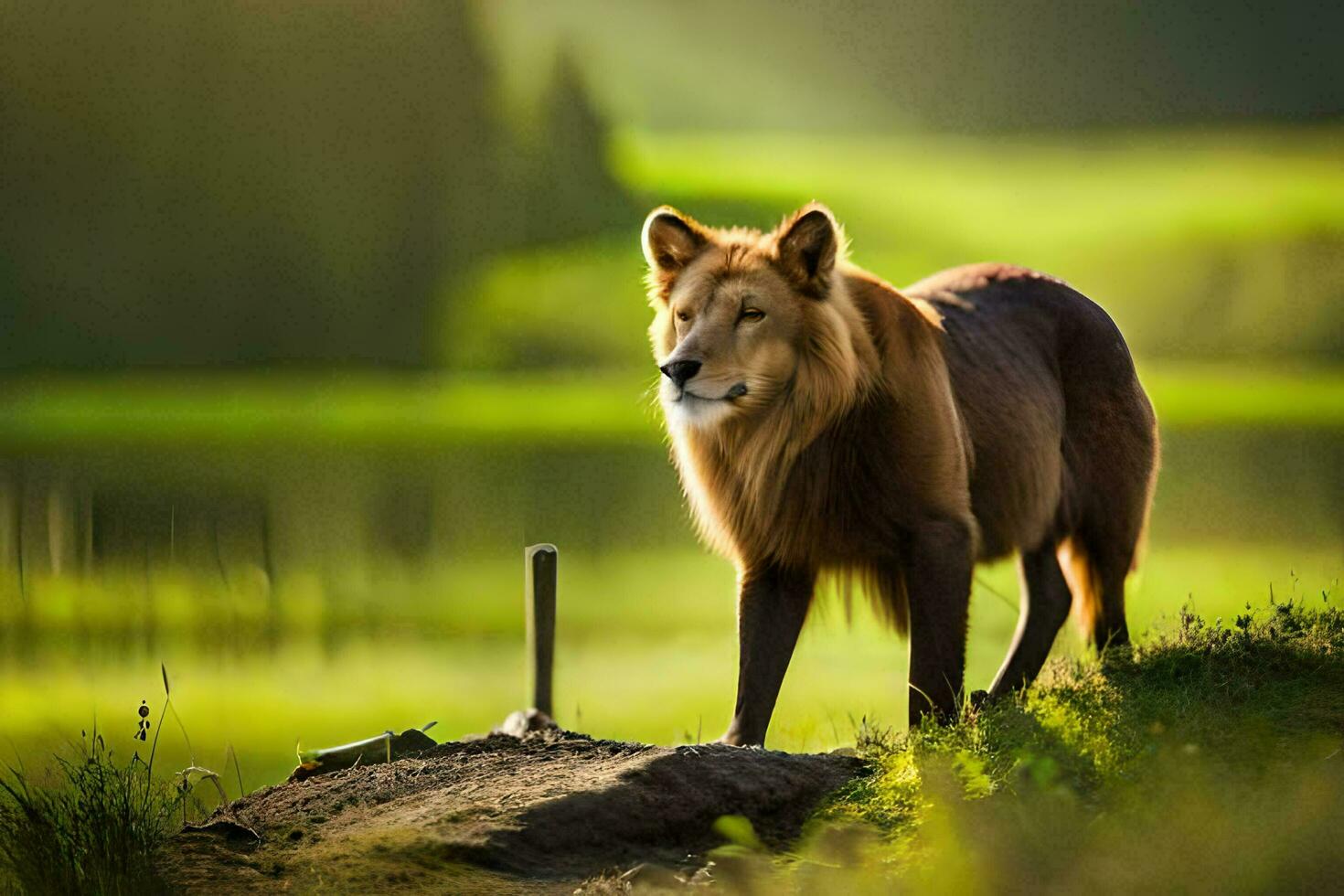 a lion standing on a hill near a lake. AI-Generated photo